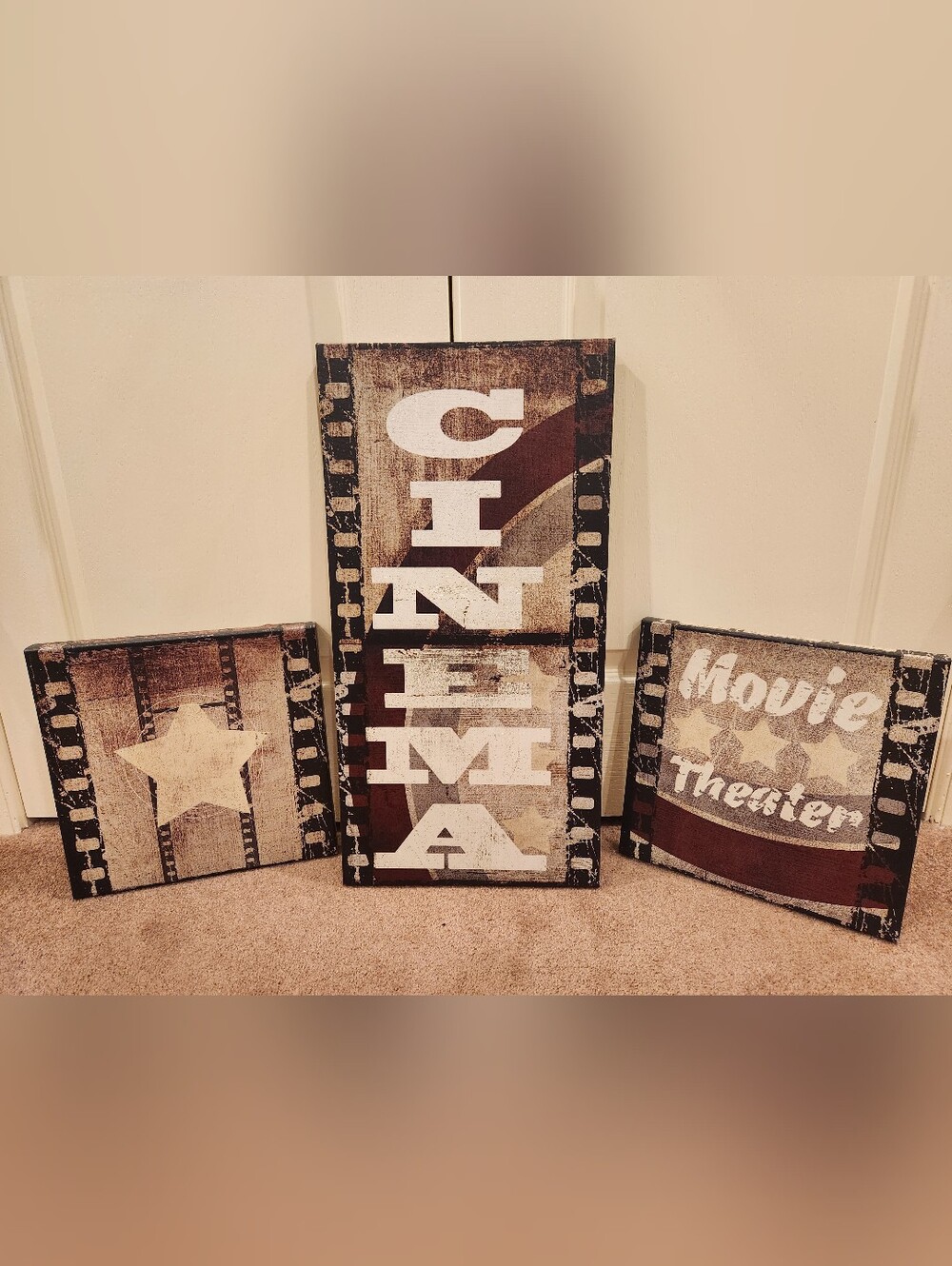 Canvas CINEMA Wall Art Set - Rustic Brown and White Movie Theater Panels